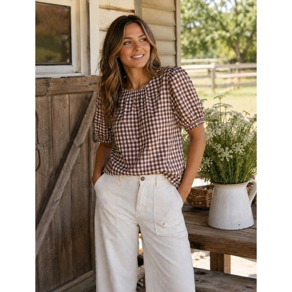 Tuckernuck Hyacinth House Chocolate Brown Cottagecore Gingham Puff-sleeve Top L